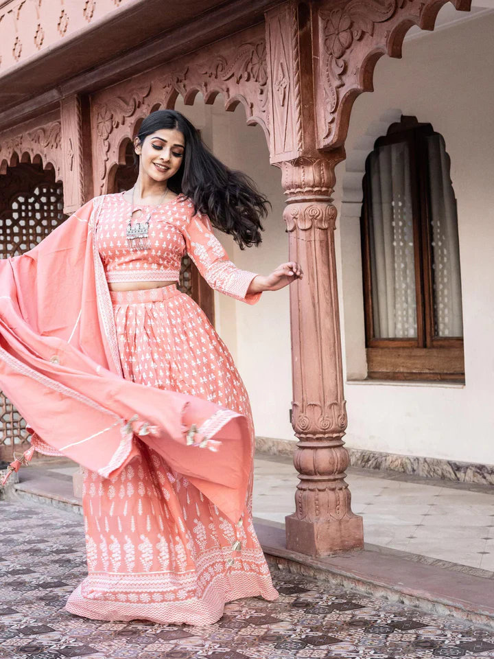 Pink Printed Crop Top, lehenga with Dupatta set - Image 6
