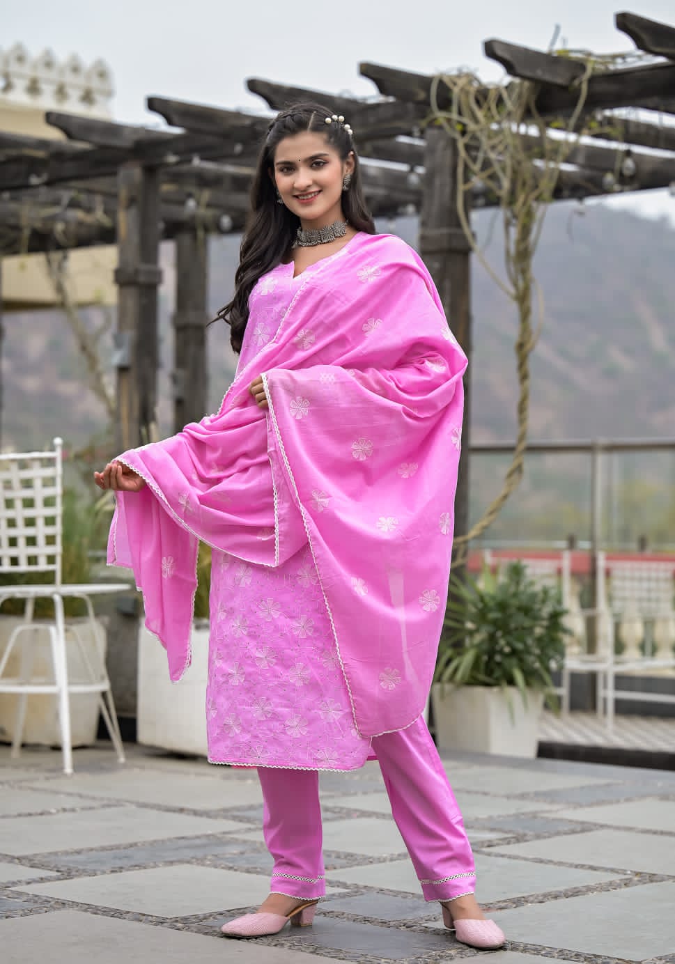 Pink White Aari work Suit Set With Dupatta - Image 3