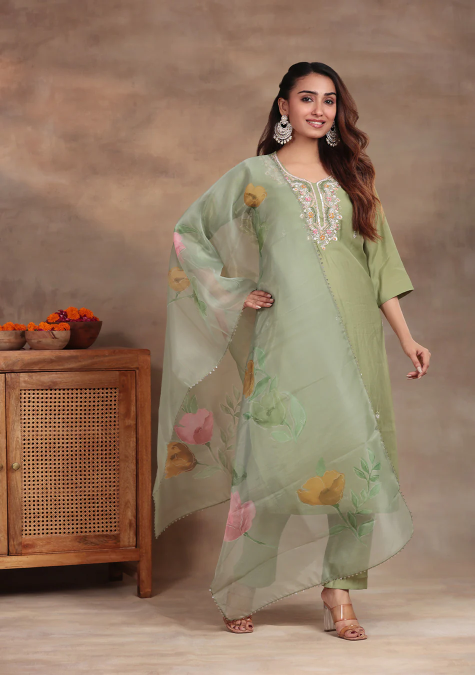 Pista Green Embroidered suit set