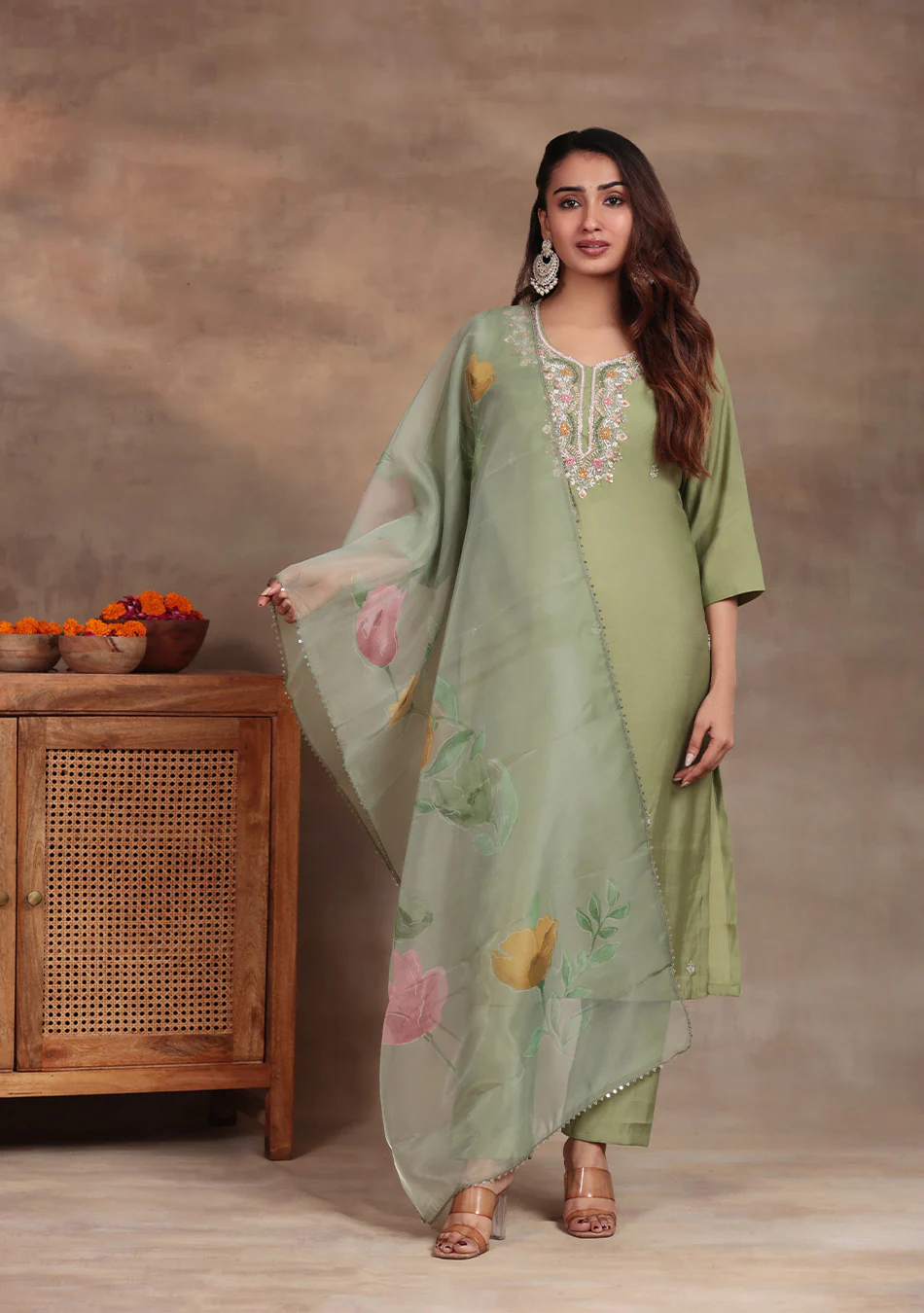 Pista Green Embroidered suit set - Image 2
