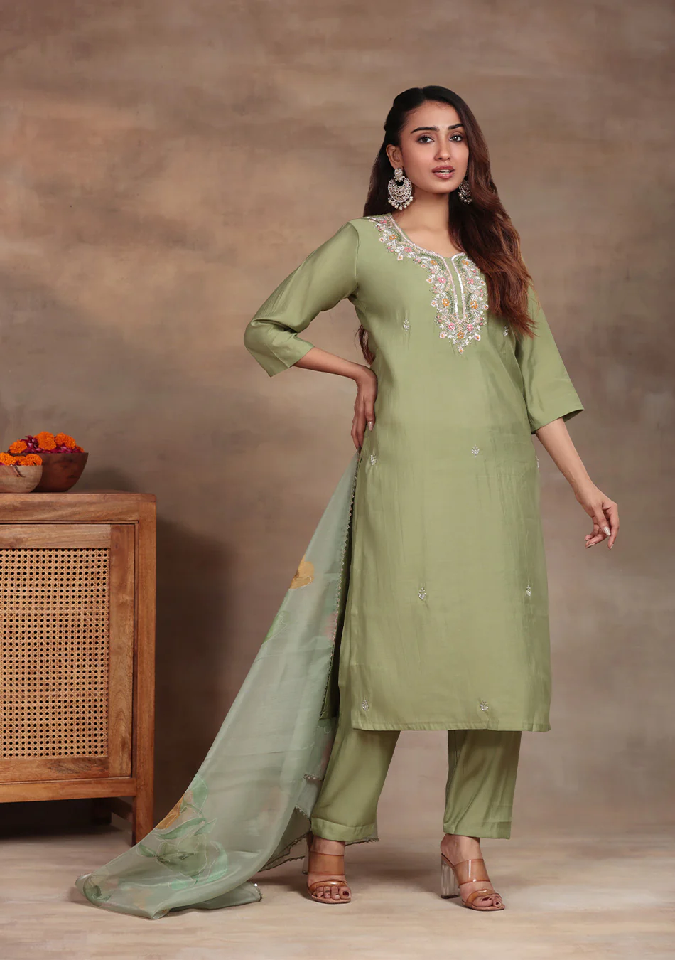 Pista Green Embroidered suit set - Image 3