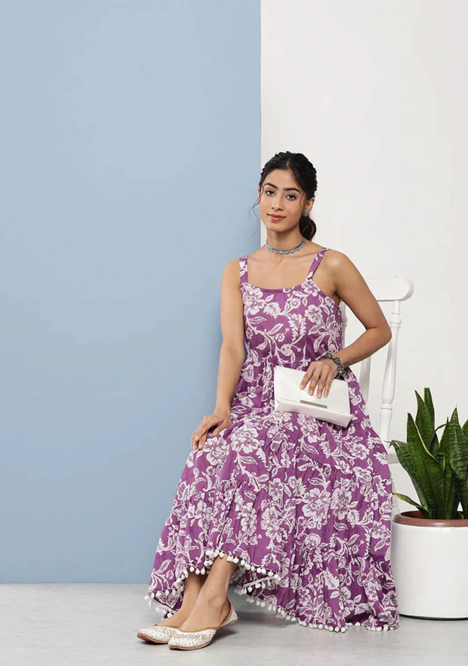 Purple Floral Shoulder Strip Long Dress - Image 2