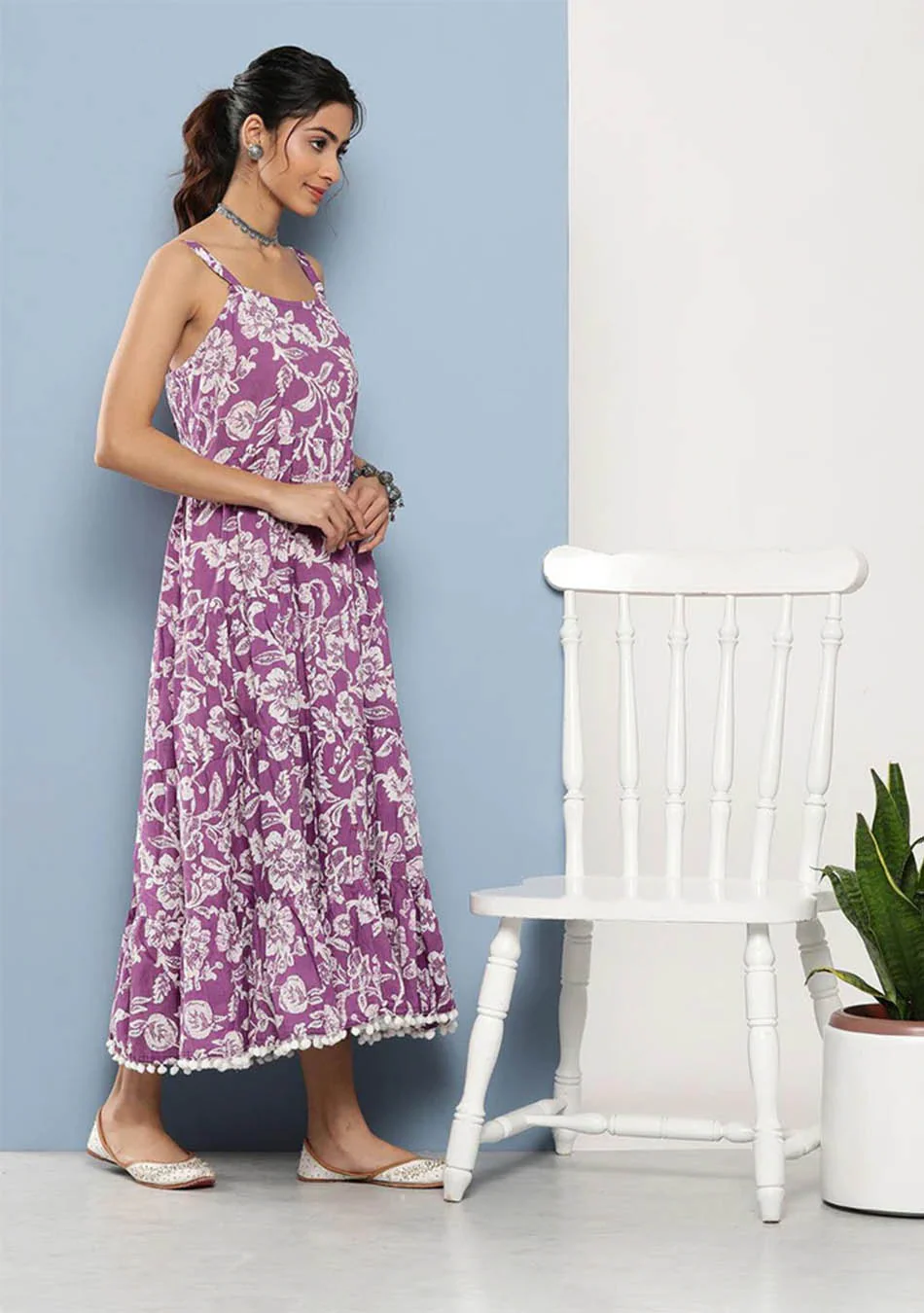 Purple Floral Shoulder Strip Long Dress - Image 3