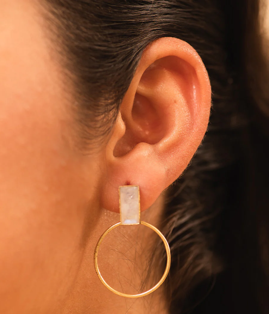 Rainbow Moonstone Loop Earrings with Gold Plating - Image 3