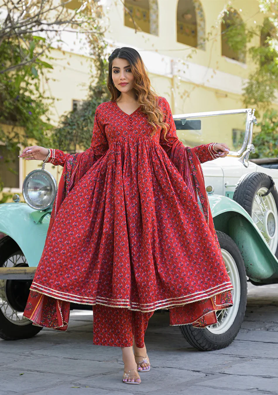 Red Floral Cotton Printed Anarkali Kurta Pant With Dupatta - Image 5
