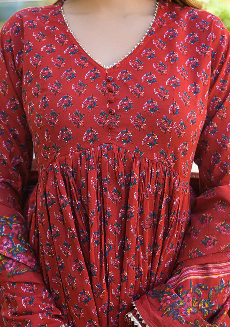 Red Floral Cotton Printed Anarkali Kurta Pant With Dupatta - Image 6