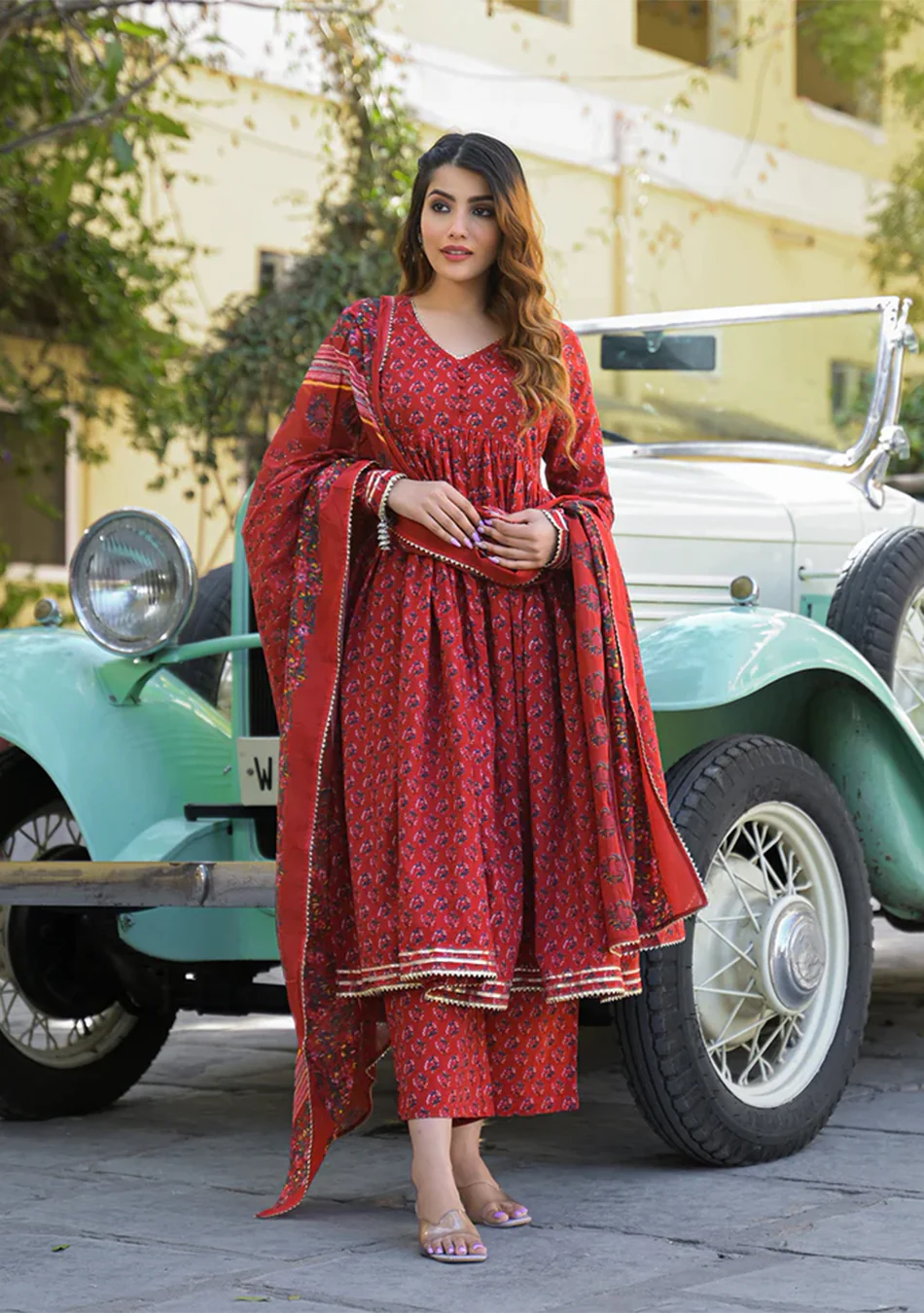 Red Floral Cotton Printed Anarkali Kurta Pant With Dupatta - Image 7