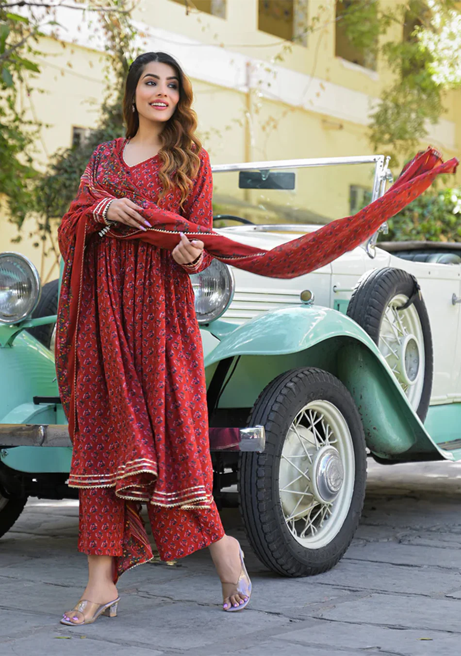 Red Floral Cotton Printed Anarkali Kurta Pant With Dupatta - Image 8