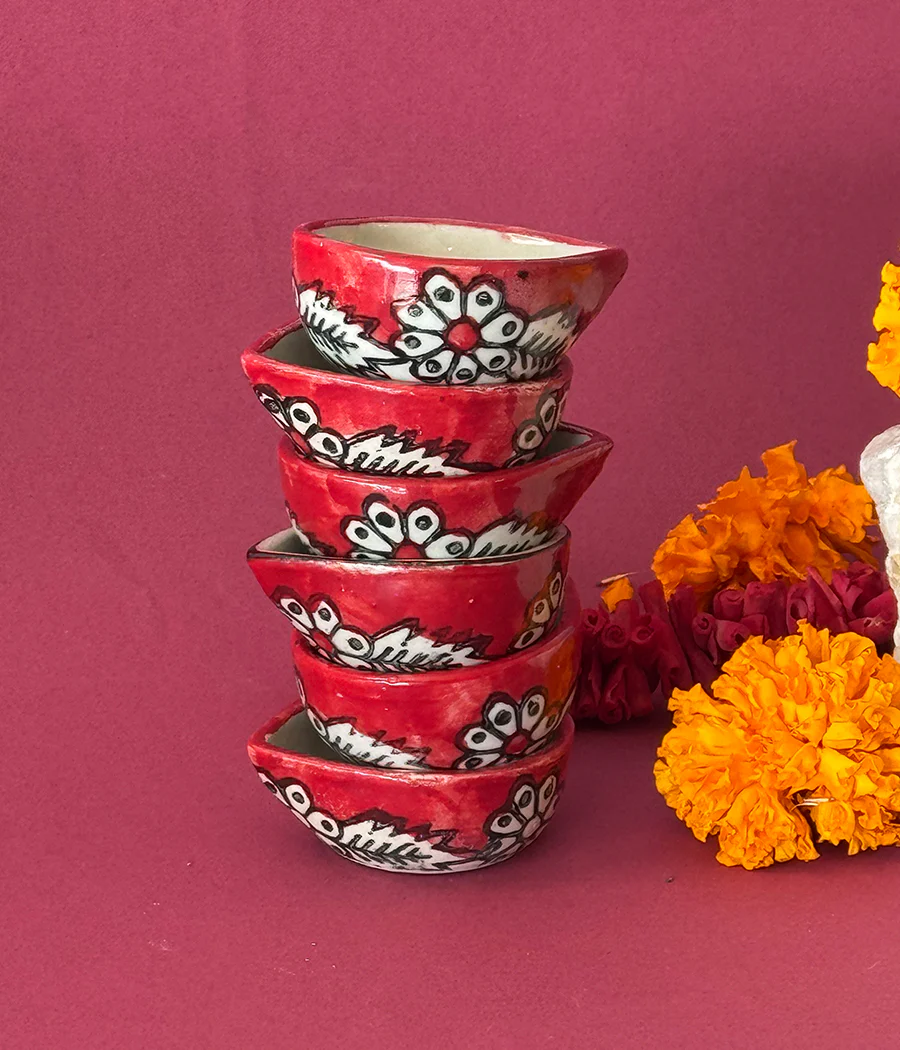 RED HAND PAINTED CERAMIC DIYA - SET OF 6 - Image 2