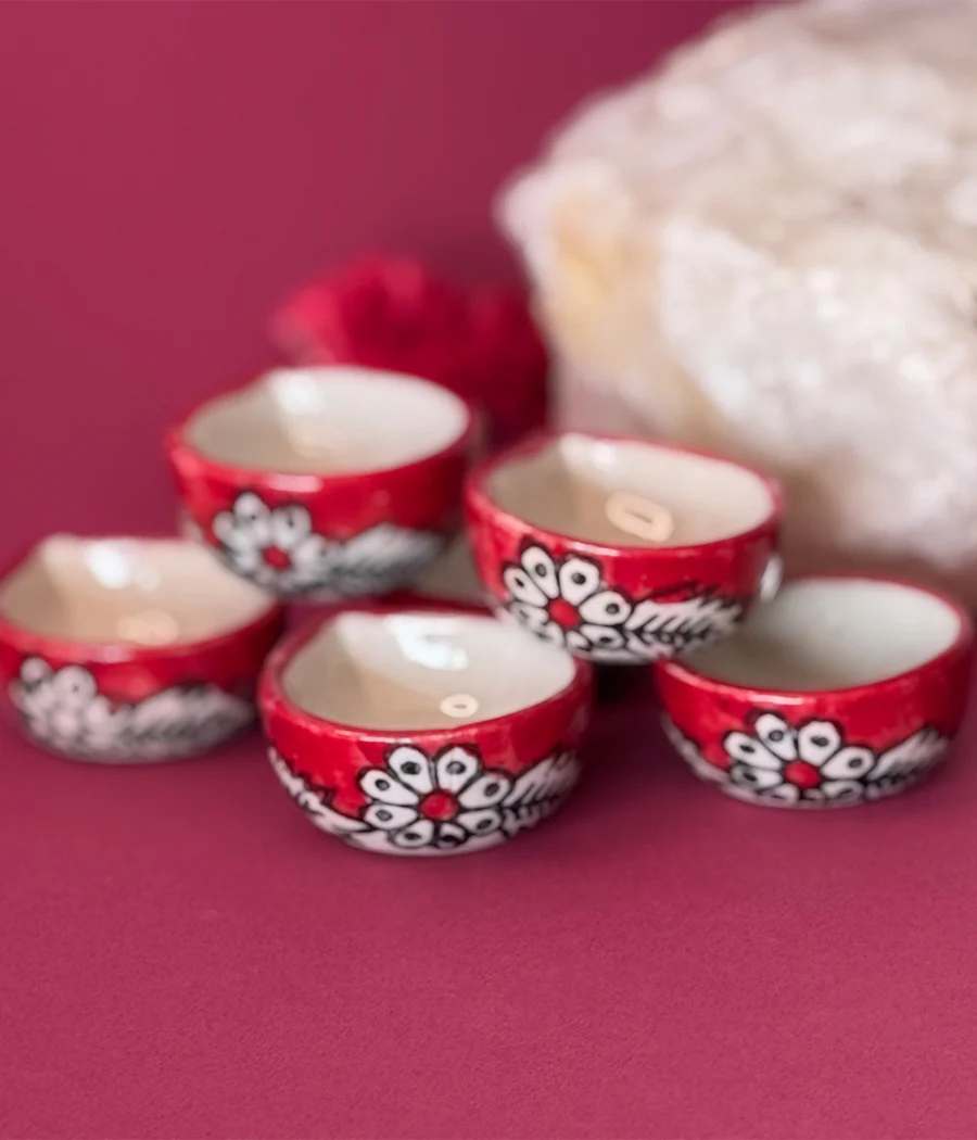 RED HAND PAINTED CERAMIC DIYA - SET OF 6 - Image 3