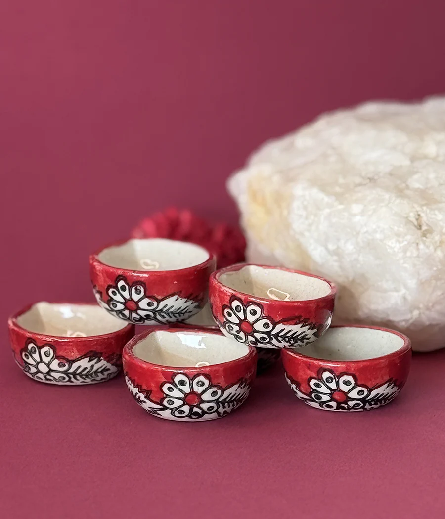 RED HAND PAINTED CERAMIC DIYA - SET OF 6 - Image 5