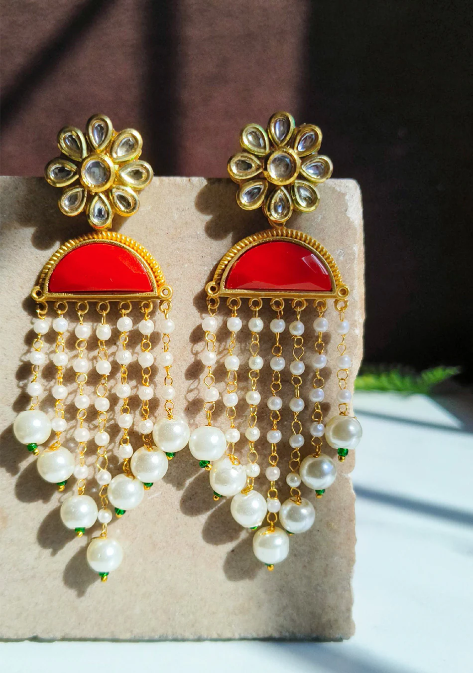 Red Pearl Drop Earrings - Image 2