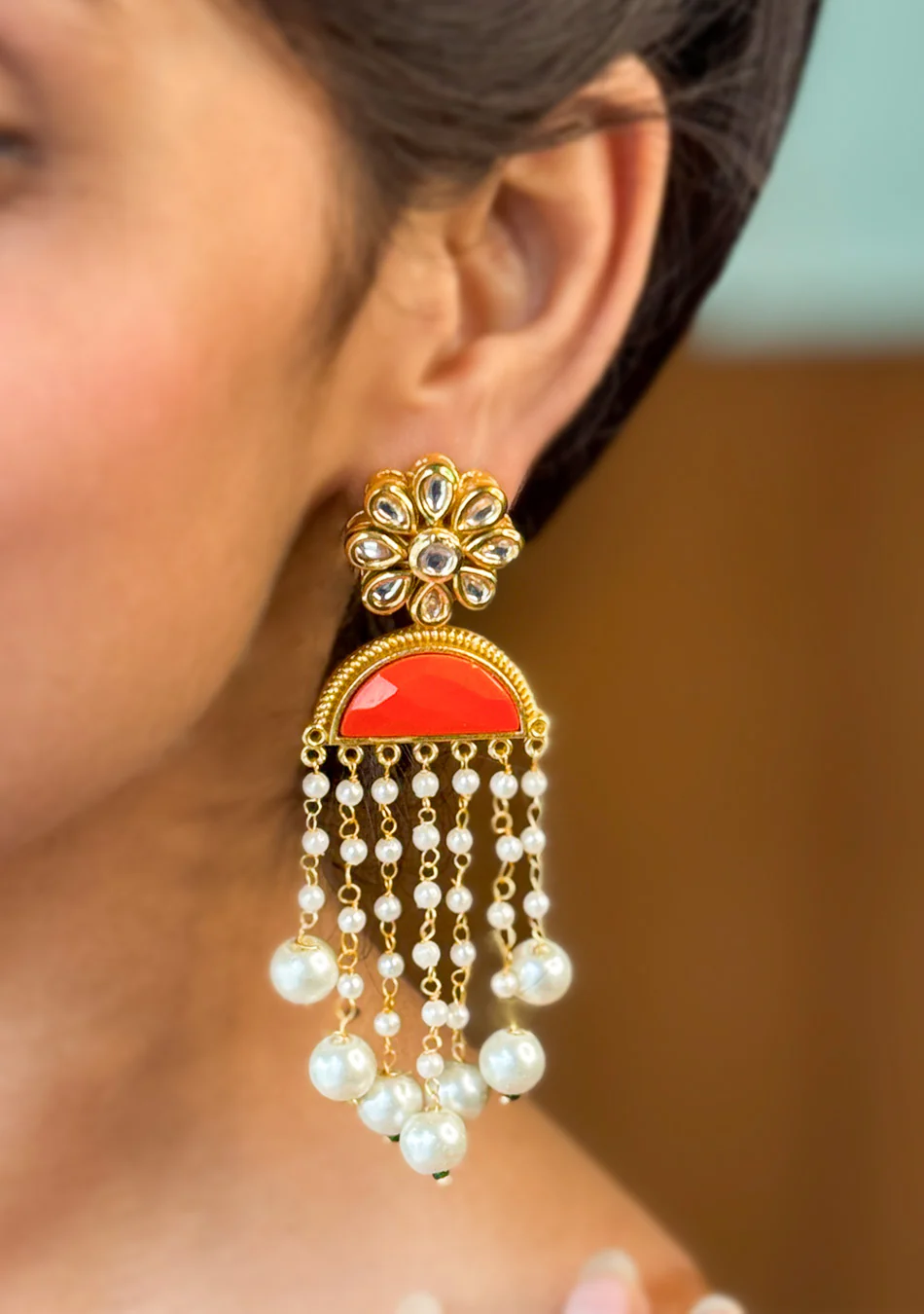 Red Pearl Drop Earrings - Image 3