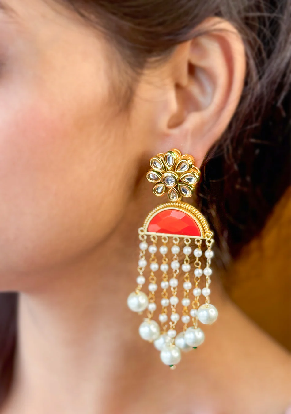 Red Pearl Drop Earrings - Image 4