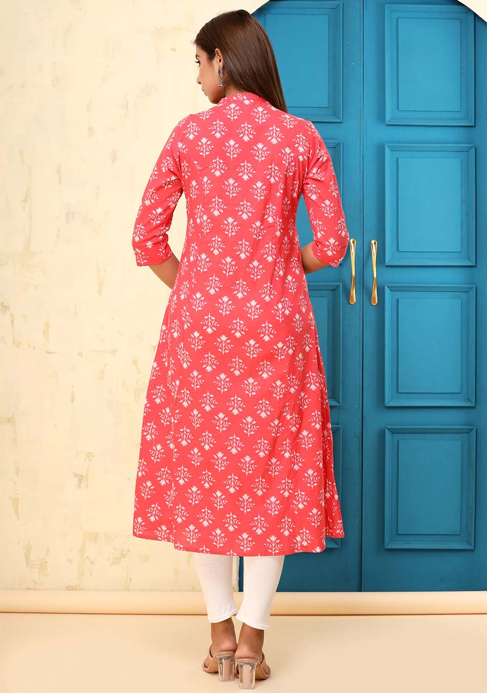 Red & White Floral Print Kurta - Image 4
