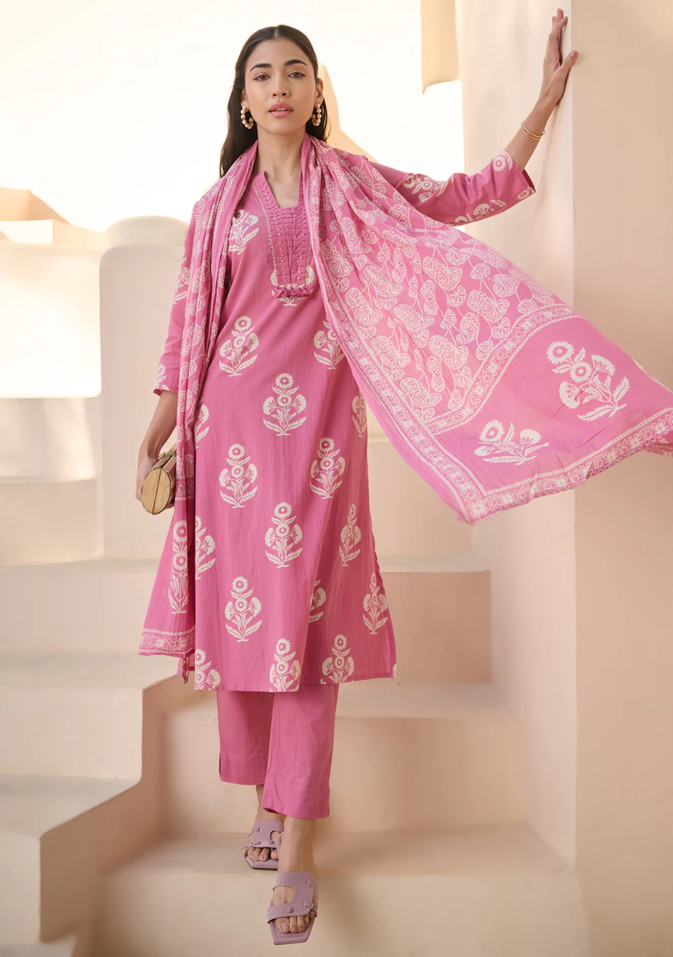 Rose Printed Suit Set with Dupatta - Image 2