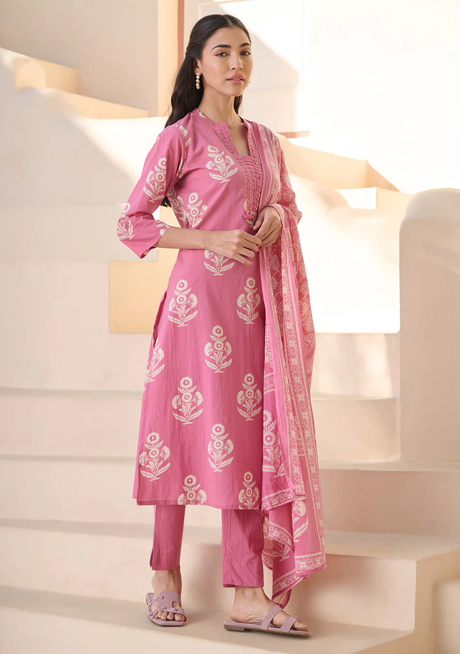 Rose Printed Suit Set with Dupatta - Image 3