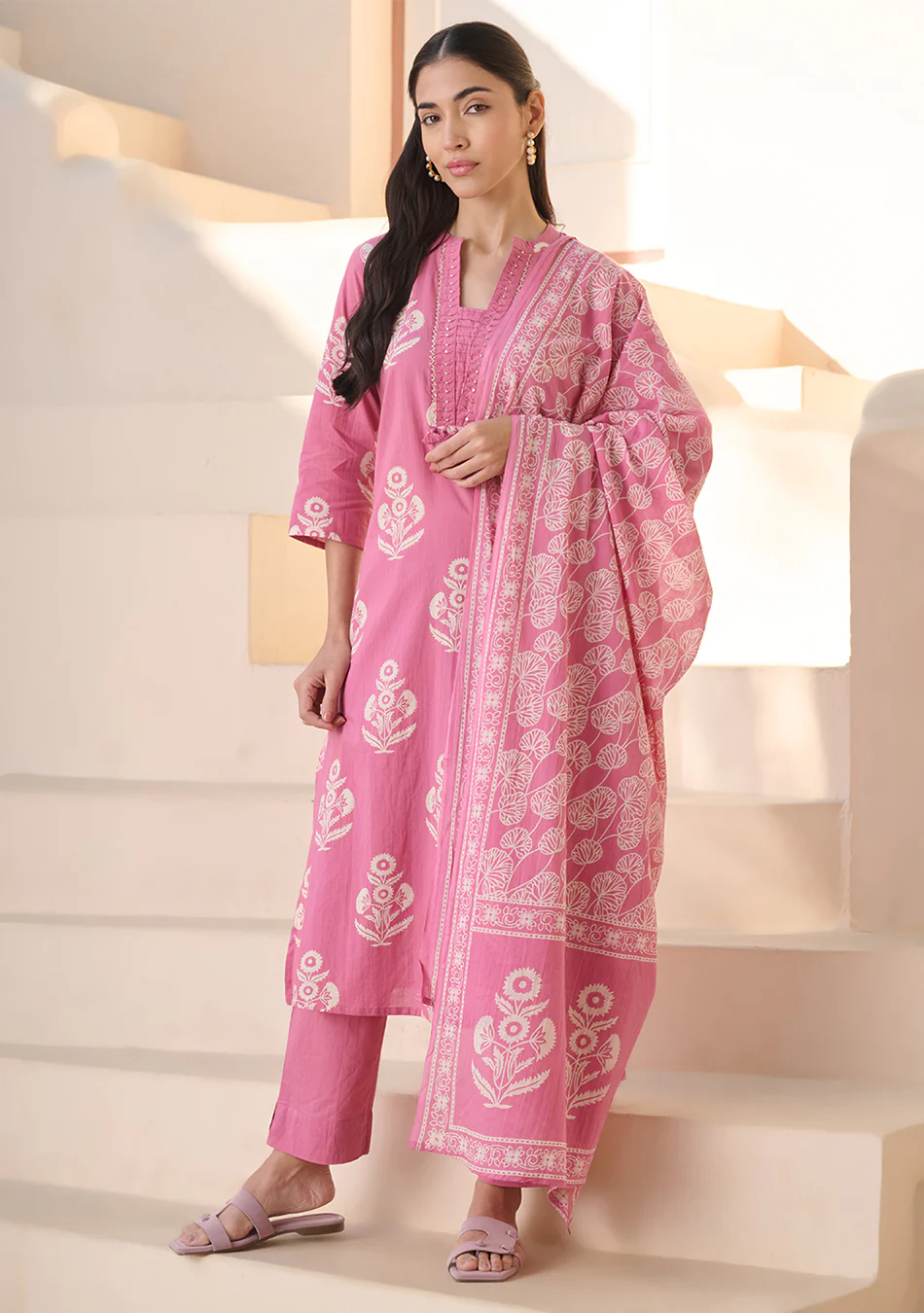 Rose Printed Suit Set with Dupatta - Image 7