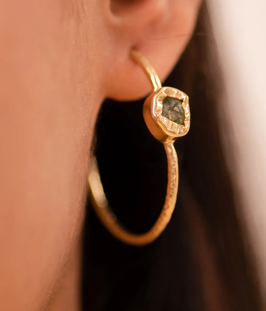 Rough Peridot Gold Loop Earrings - Image 2