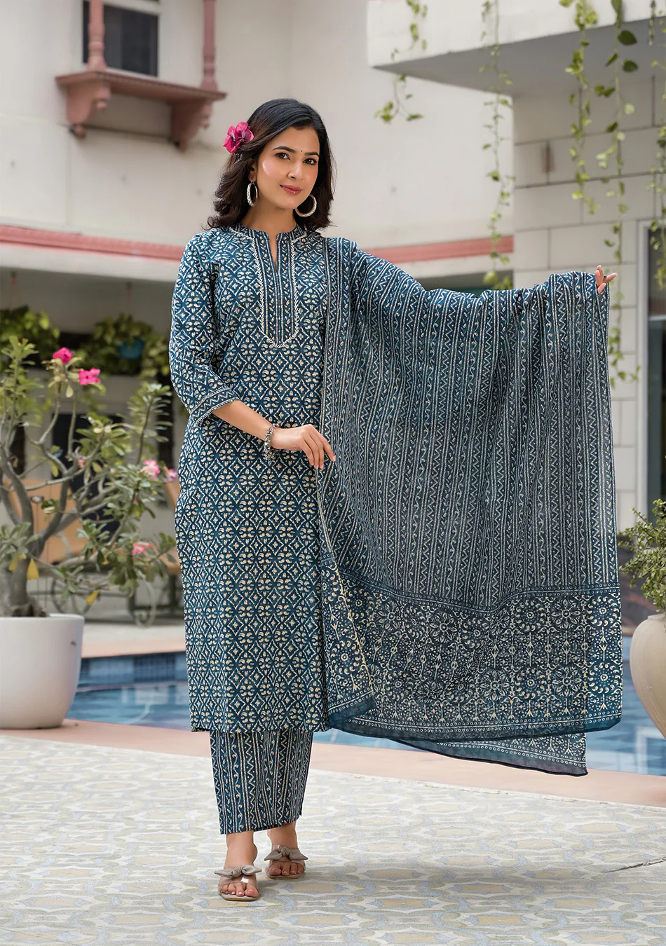 Royal Blue Printed Suit With Dupatta - Image 2