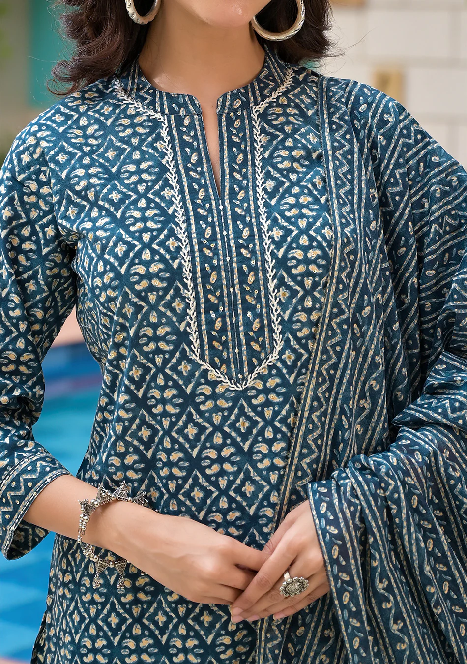 Royal Blue Printed Suit With Dupatta - Image 6