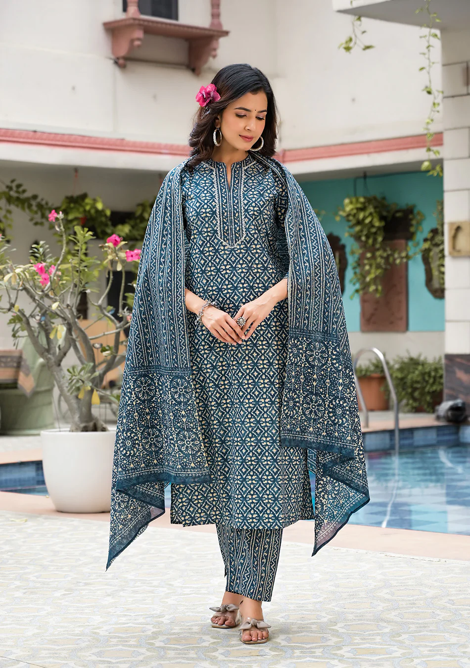Royal Blue Printed Suit With Dupatta - Image 7