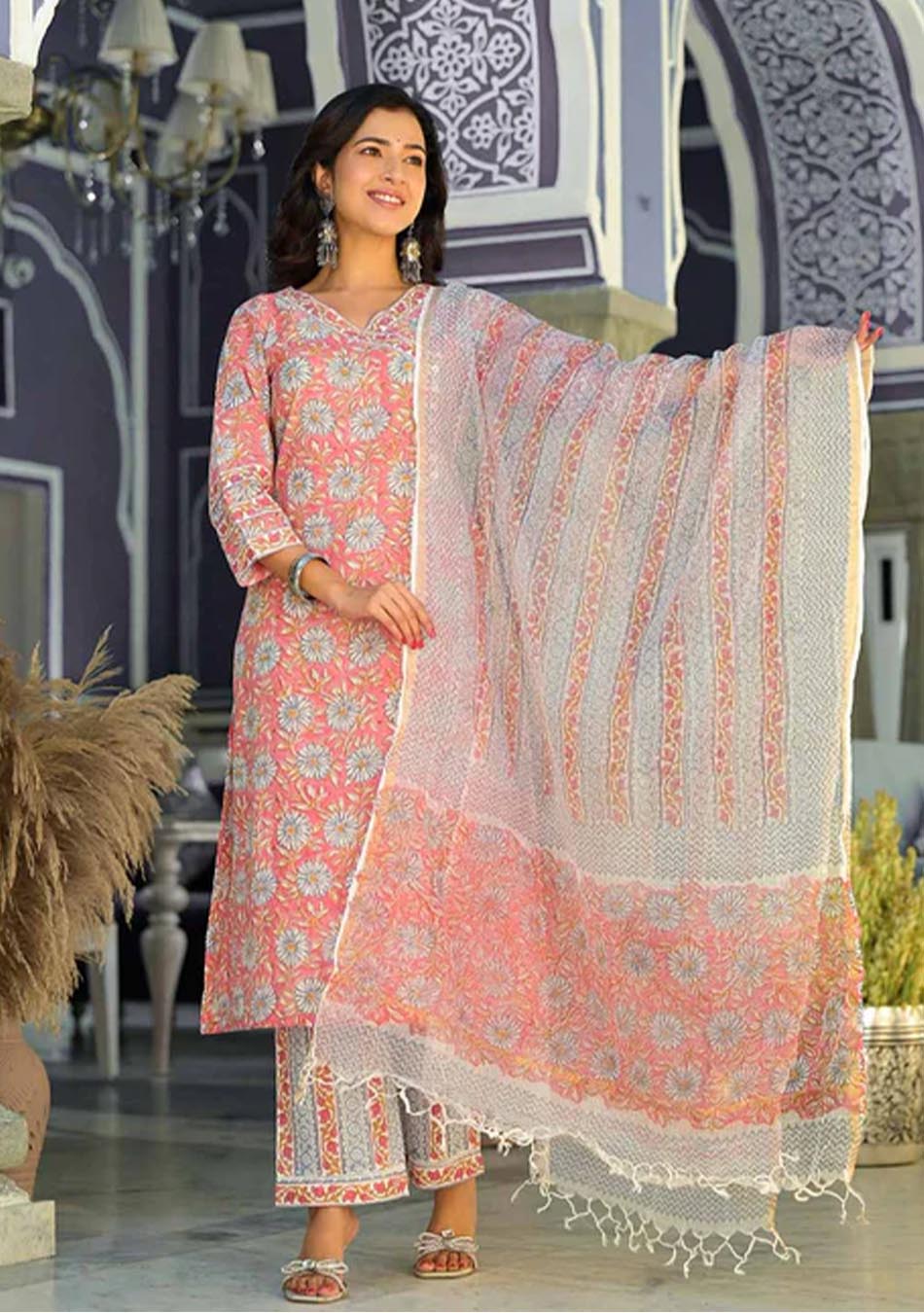 Salmon Handblock Print suit set with Kota Dupatta - Image 2