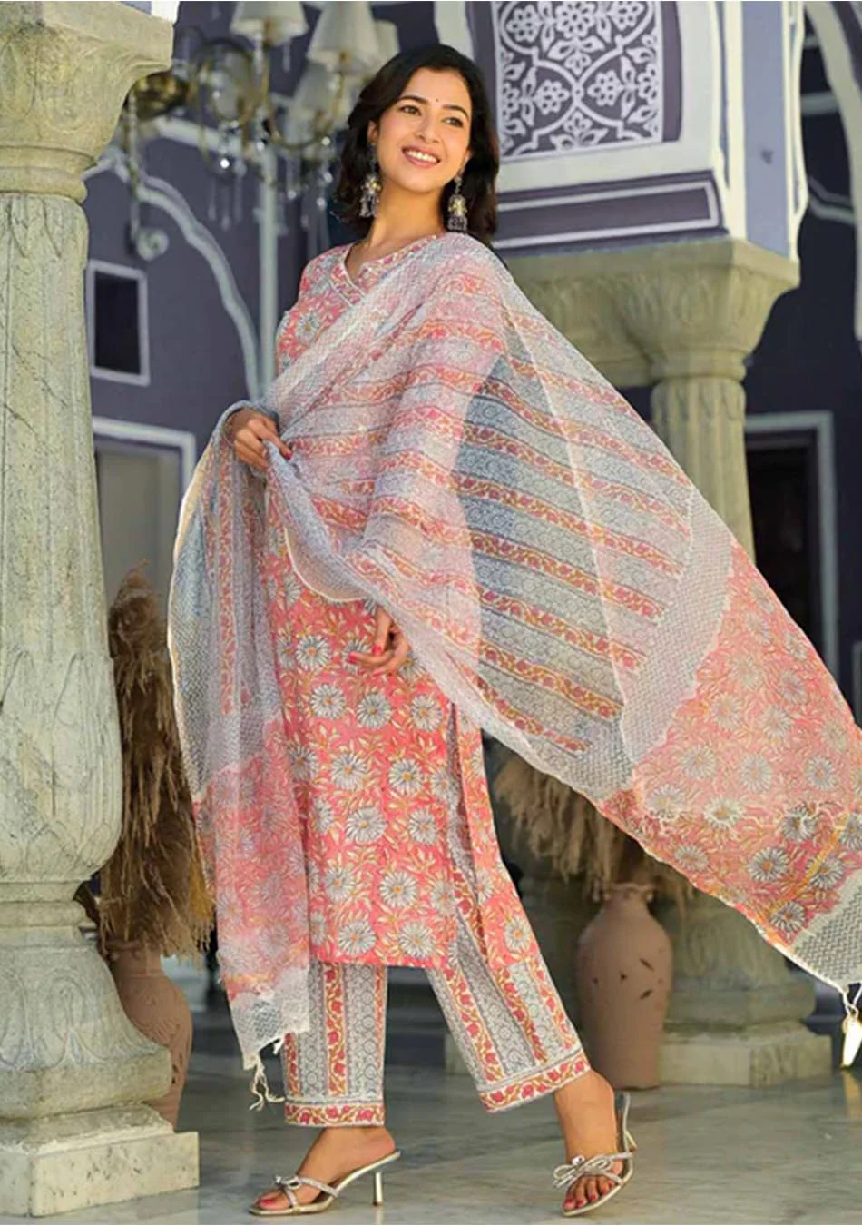 Salmon Handblock Print suit set with Kota Dupatta - Image 3