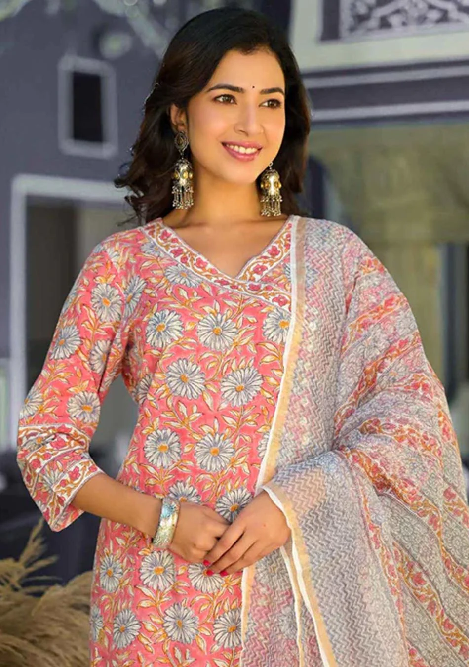 Salmon Handblock Print suit set with Kota Dupatta - Image 4