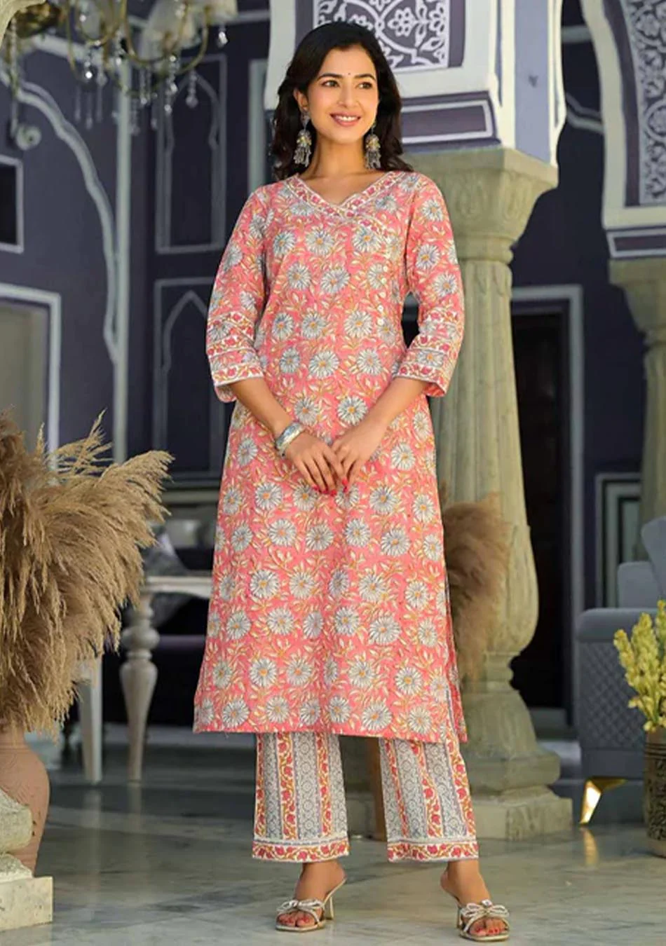 Salmon Handblock Print suit set with Kota Dupatta - Image 5