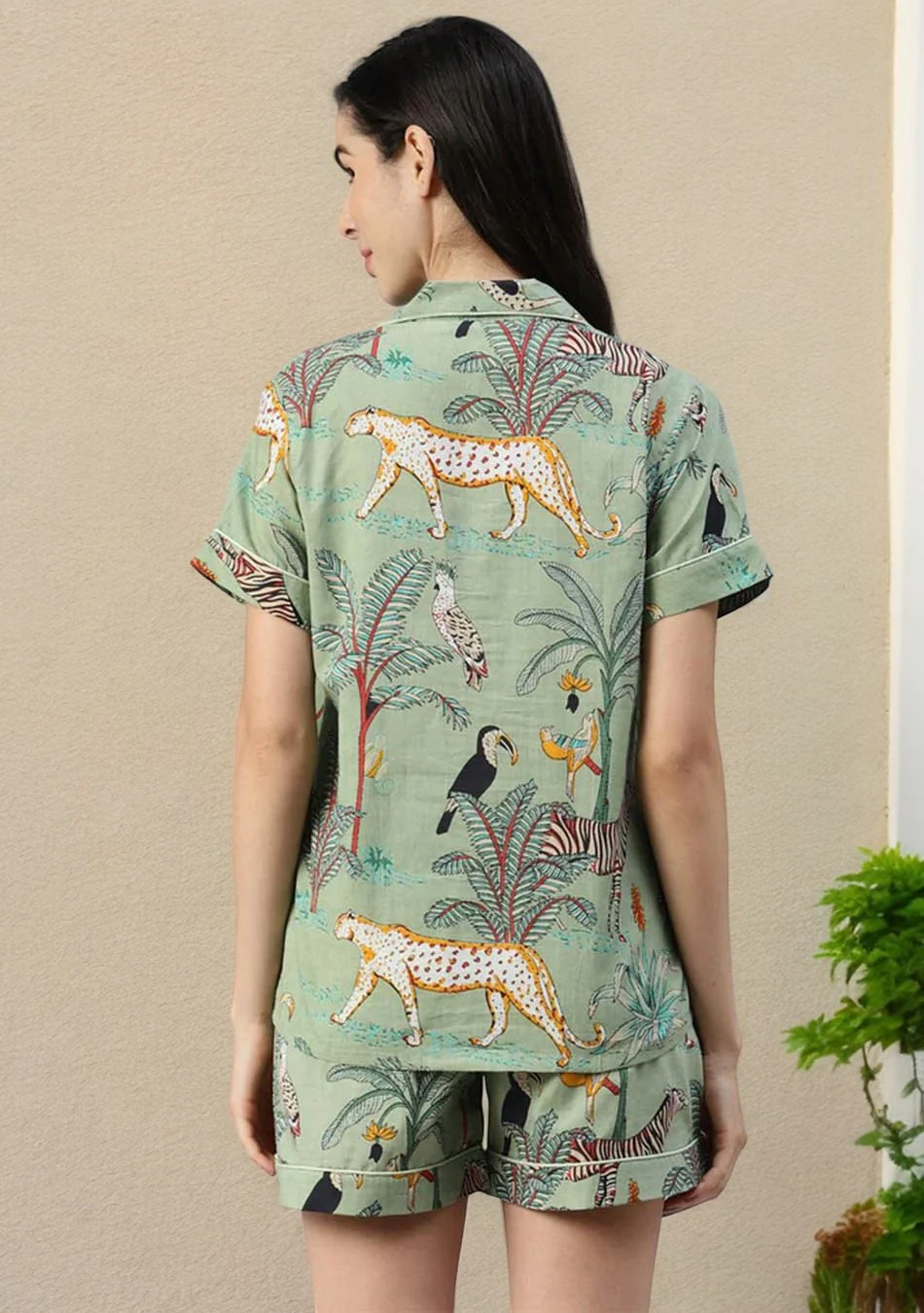 Sea Green Cotton Animal Print Night Suit - Image 4