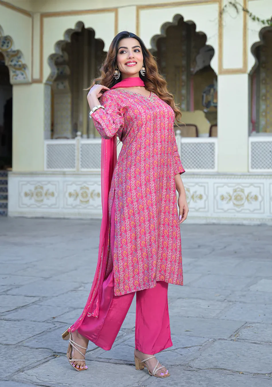 Pink Floral Printed Muslin Straight Kurta Pant with Dupatta - Image 3