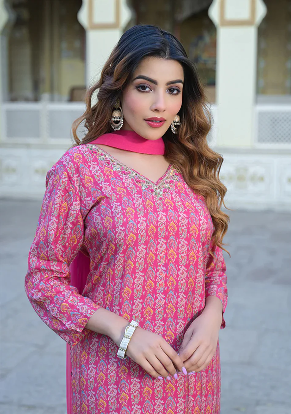 Pink Floral Printed Muslin Straight Kurta Pant with Dupatta - Image 5