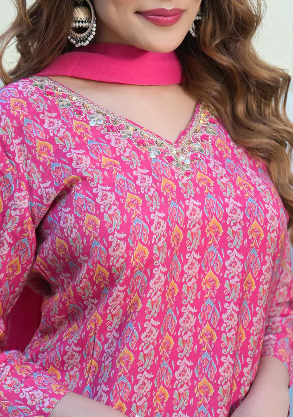 Pink Floral Printed Muslin Straight Kurta Pant with Dupatta - Image 6