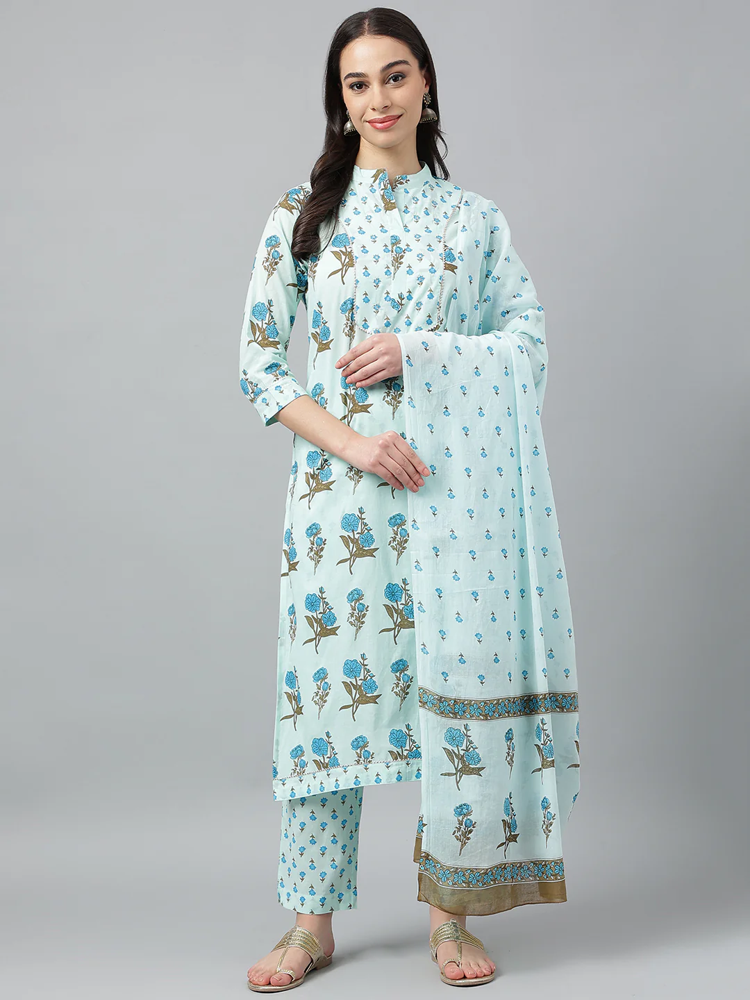 Light Blue Floral Print kurta Pant set with Dupatta - Image 2