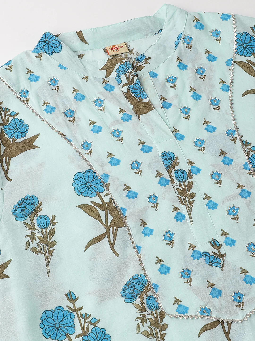 Light Blue Floral Print kurta Pant set with Dupatta - Image 3