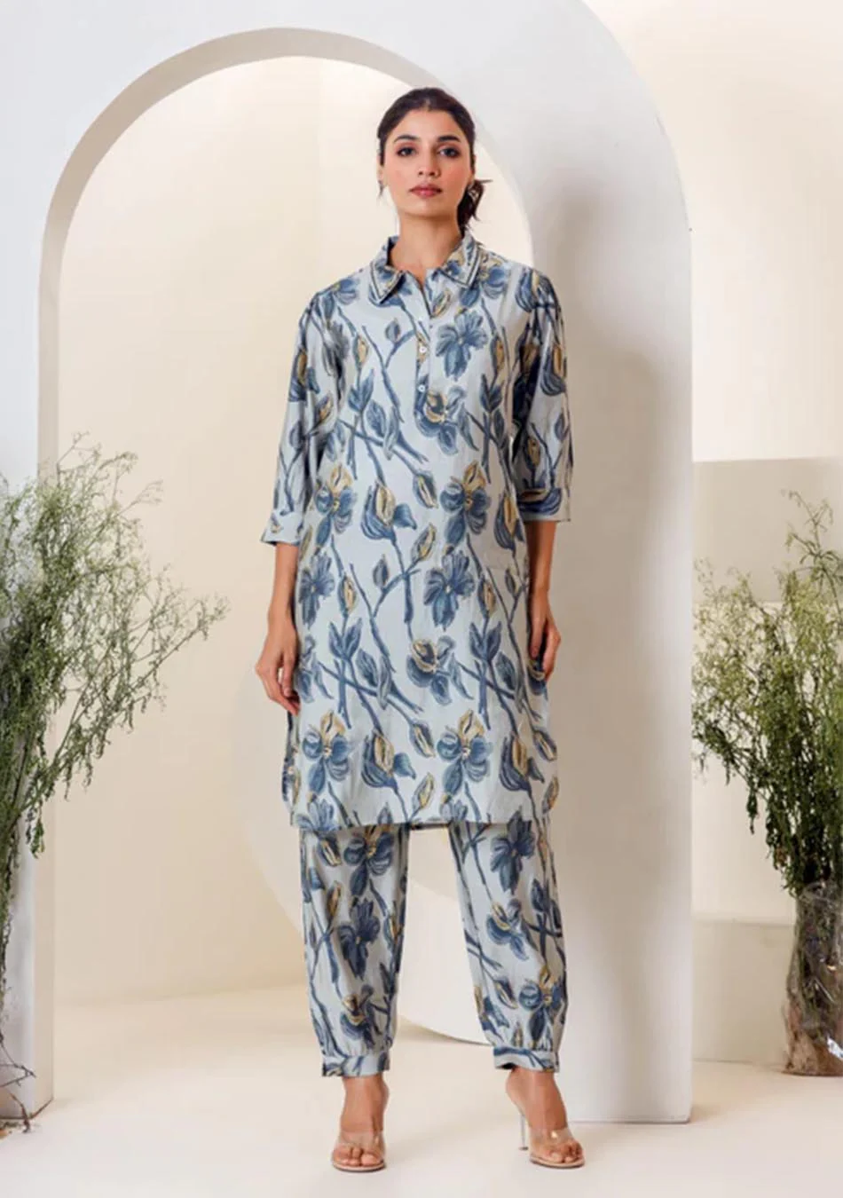 Sky Blue Print Muslin Kurta With Hem Cuffed Pant Set