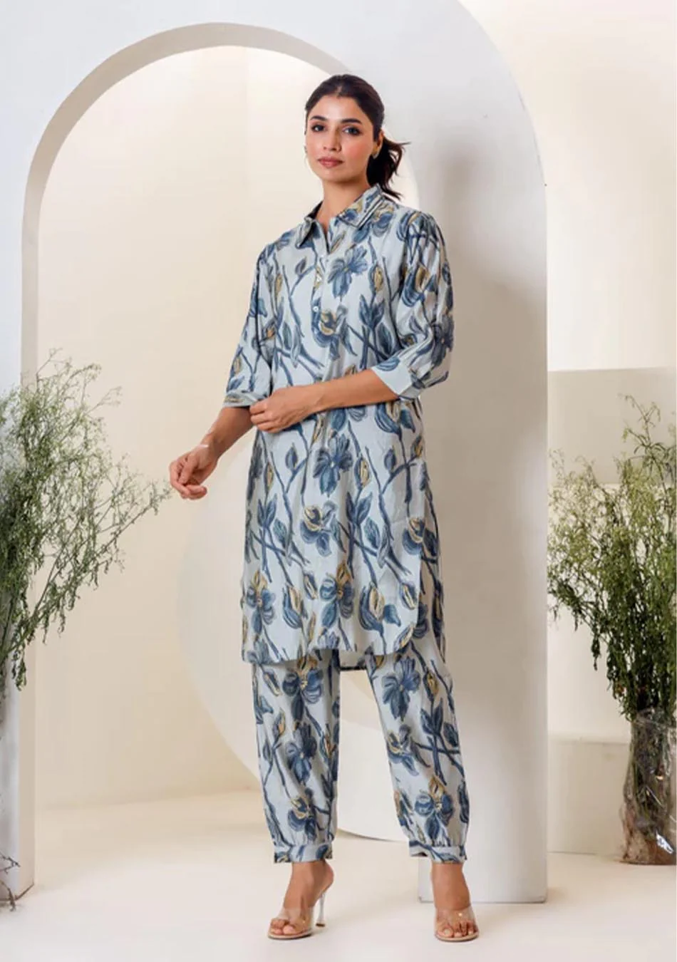 Sky Blue Print Muslin Kurta With Hem Cuffed Pant Set - Image 2
