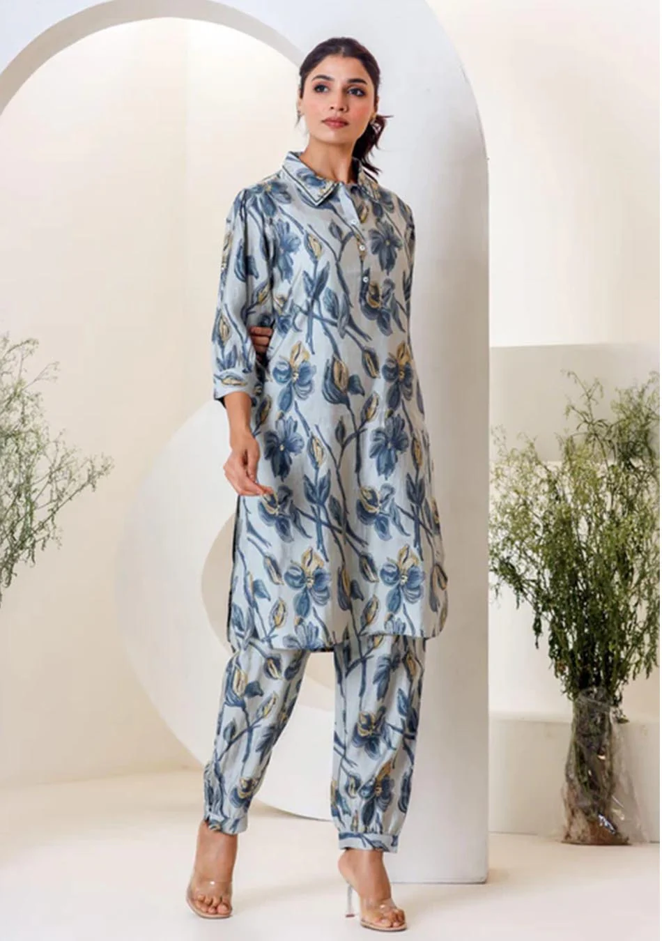 Sky Blue Print Muslin Kurta With Hem Cuffed Pant Set - Image 3