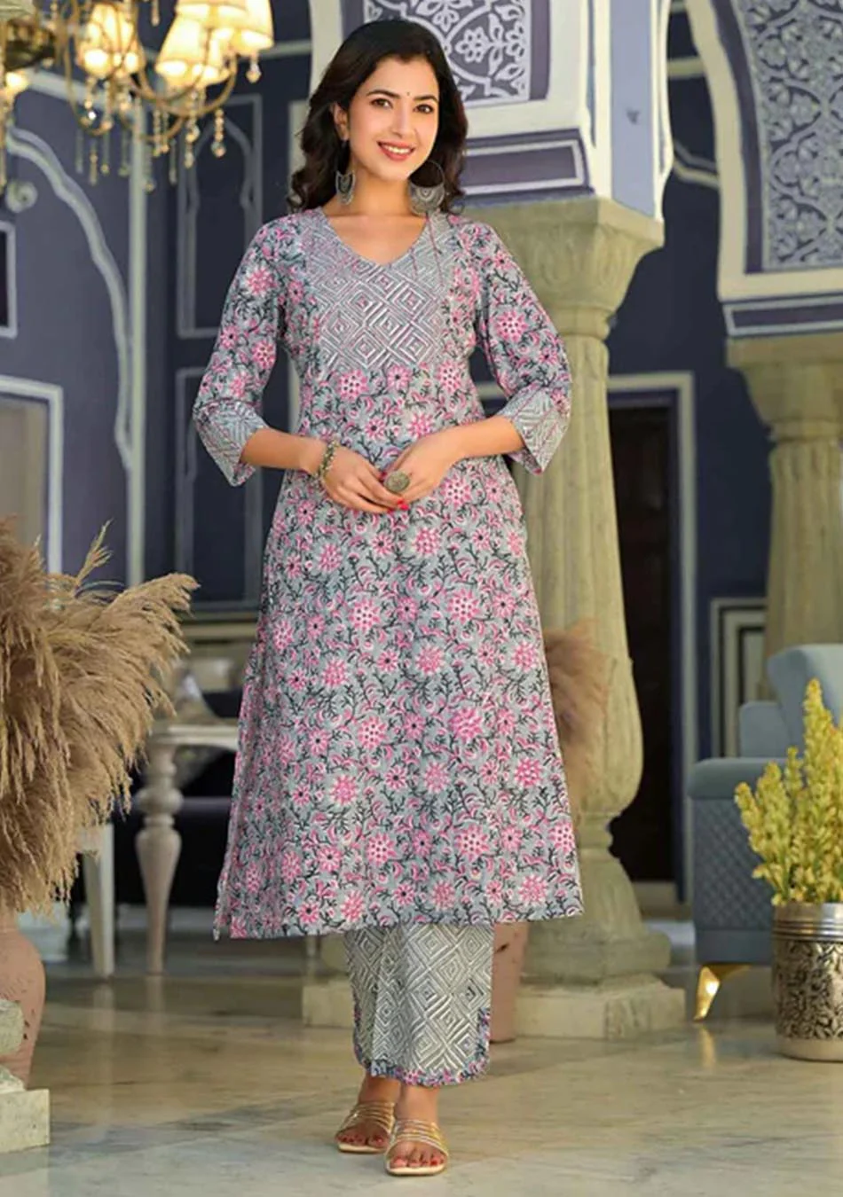 Slate Bloom Crimson Charm Handblock Suit Set - Image 4