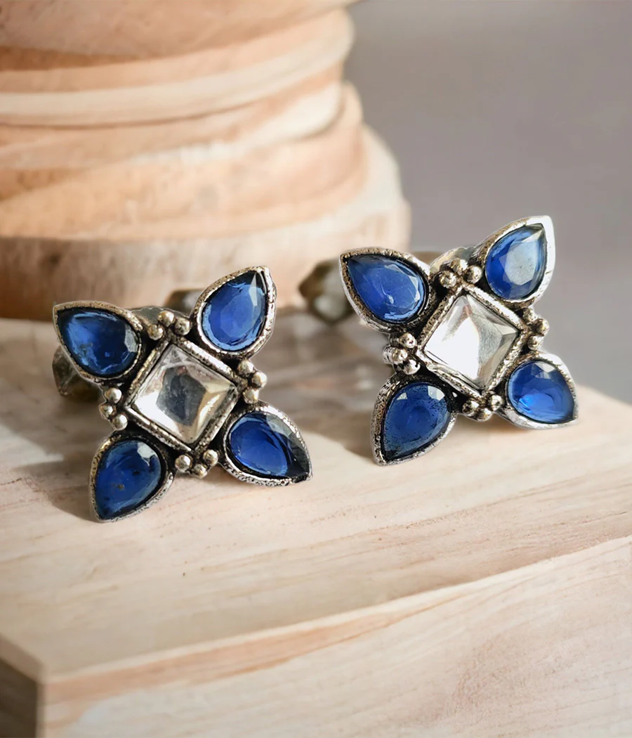 Snowy Blue Petal Stud Earrings - Image 2