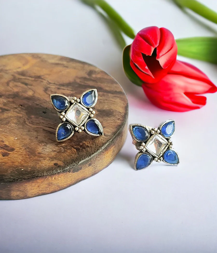 Snowy Blue Petal Stud Earrings - Image 3