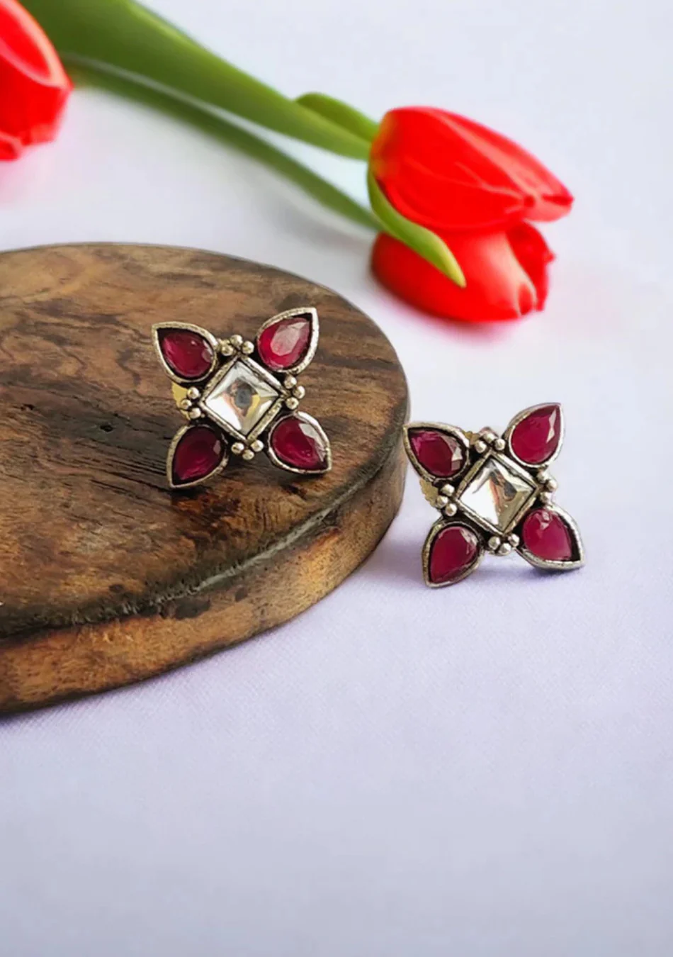 Snowy Ruby Petal Stud Earrings - Image 3