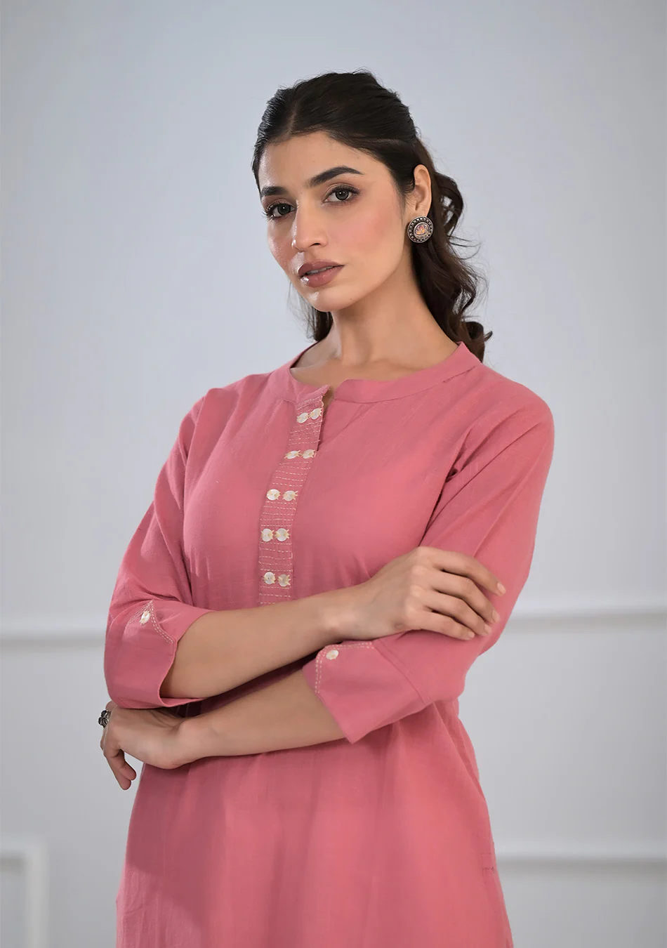 Pink Solid Cotton Kurta - Image 5