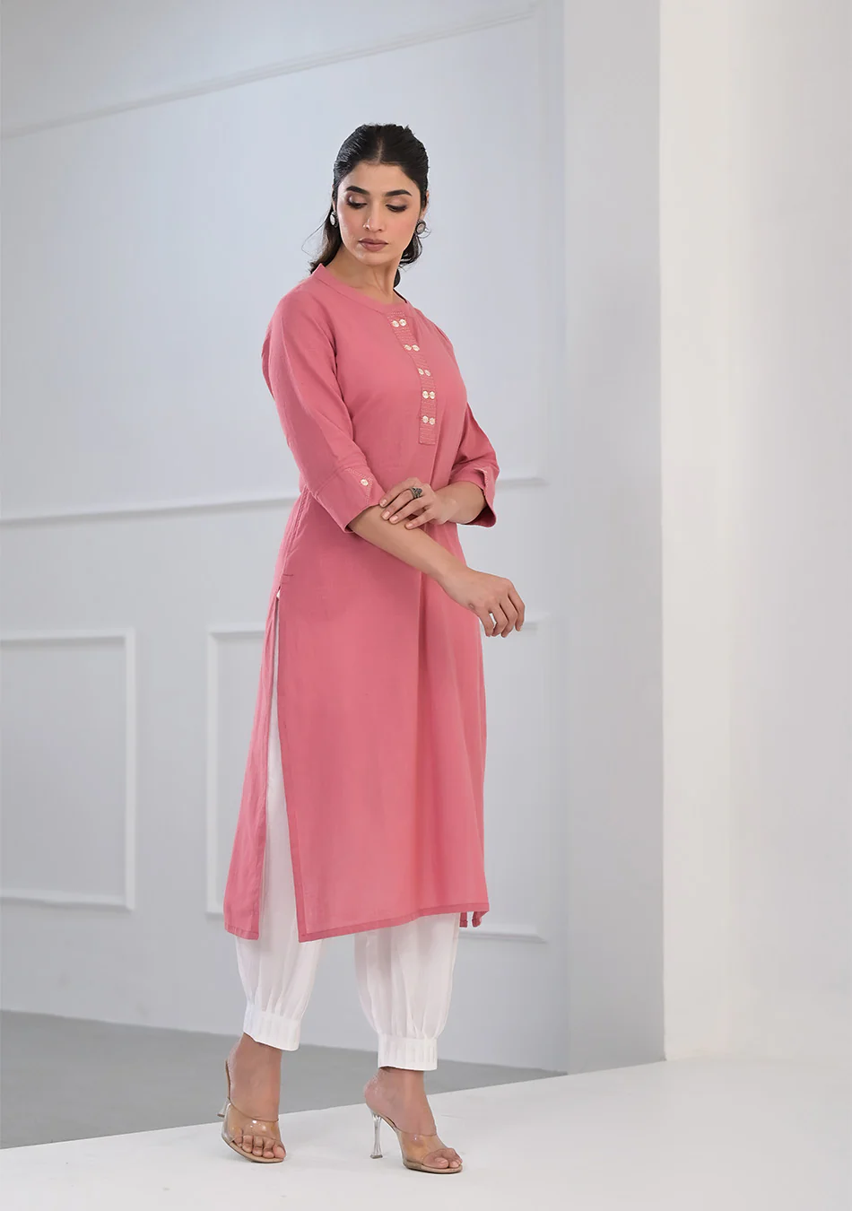 Pink Solid Cotton Kurta - Image 6