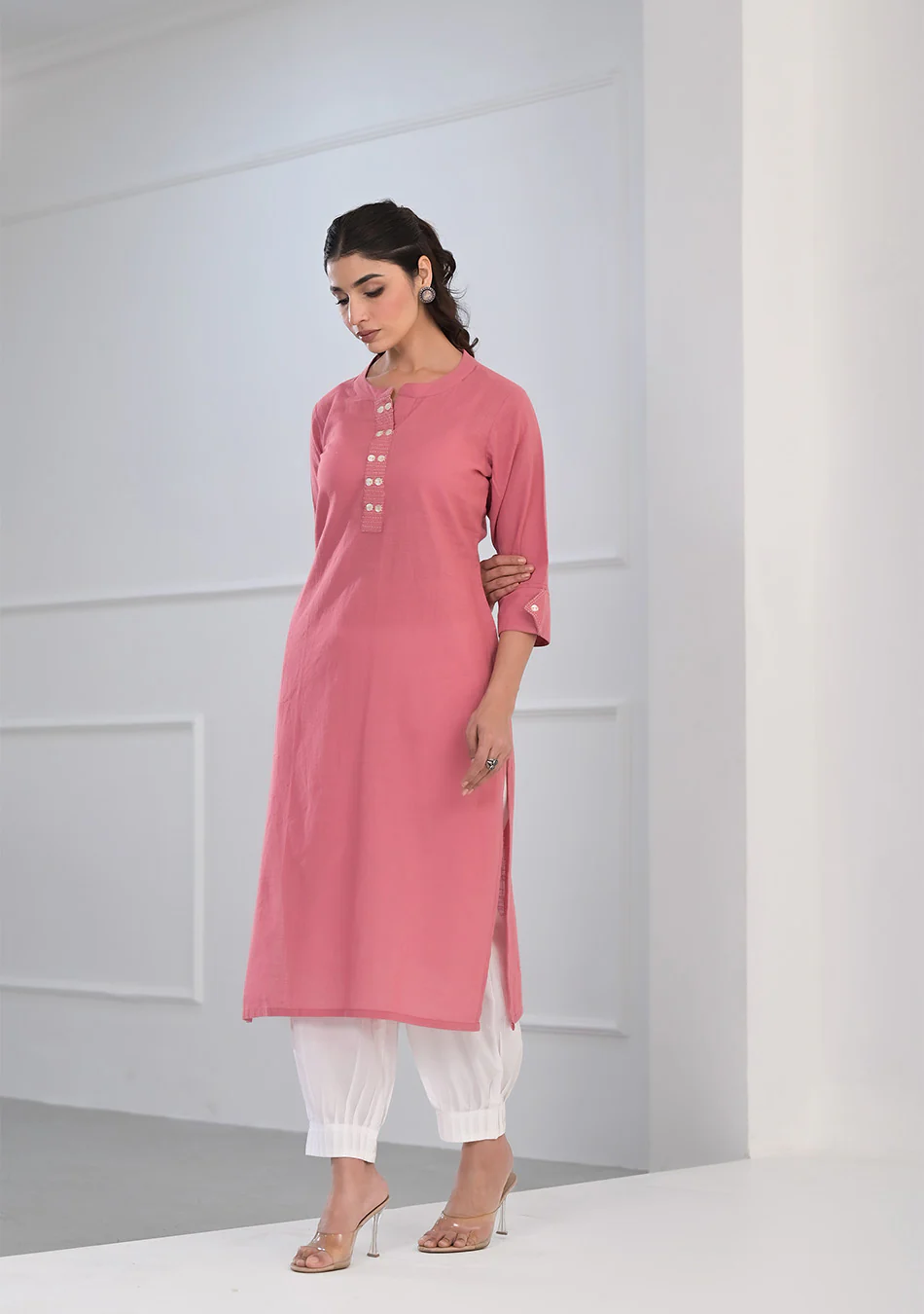 Pink Solid Cotton Kurta - Image 7