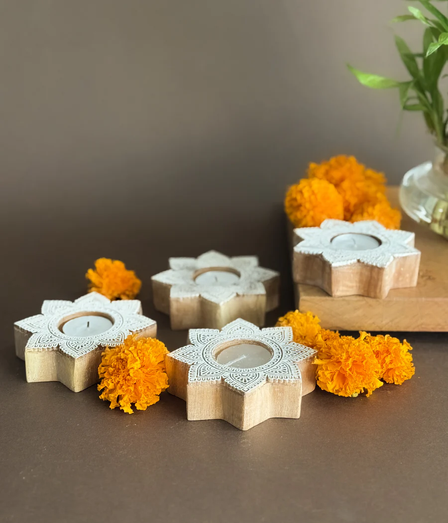 Star Carved Wood Tealight - Set of 4 - Image 3