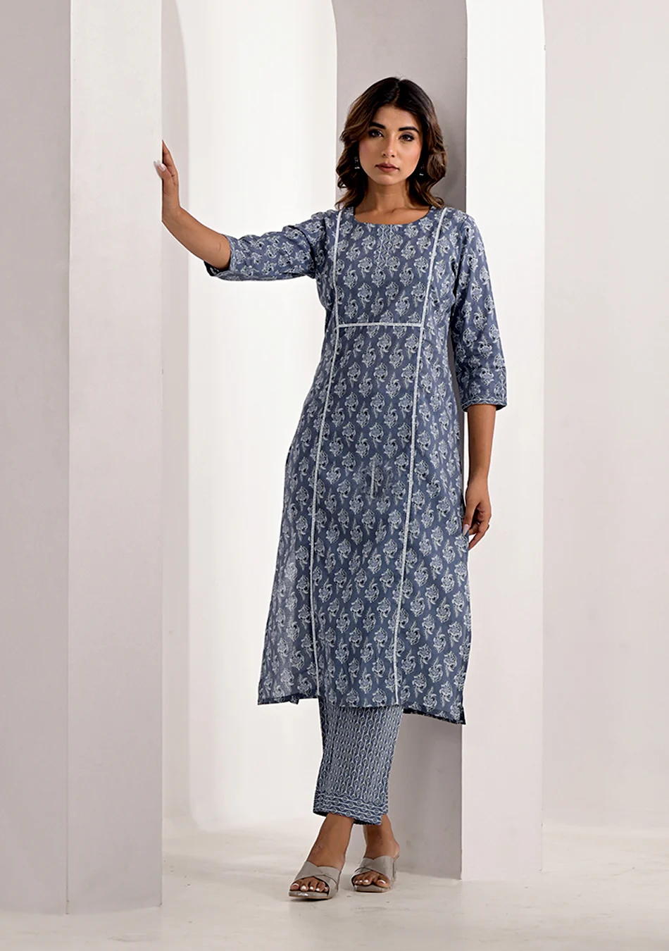 Sanganeri Slate Ensemble (Kurta with Tailored Trousers)
