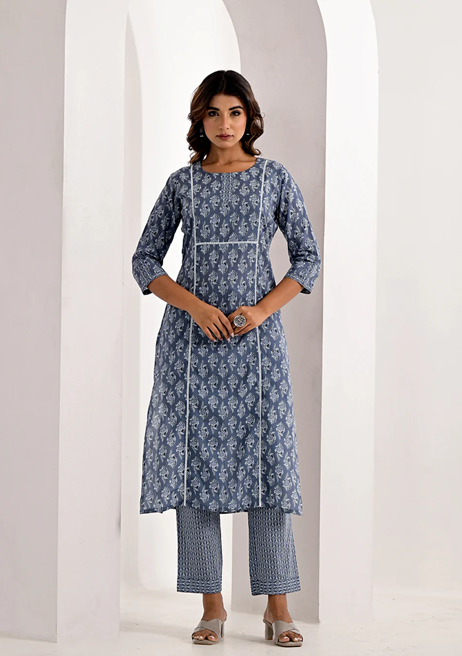 Sanganeri Slate Ensemble (Kurta with Tailored Trousers) - Image 2