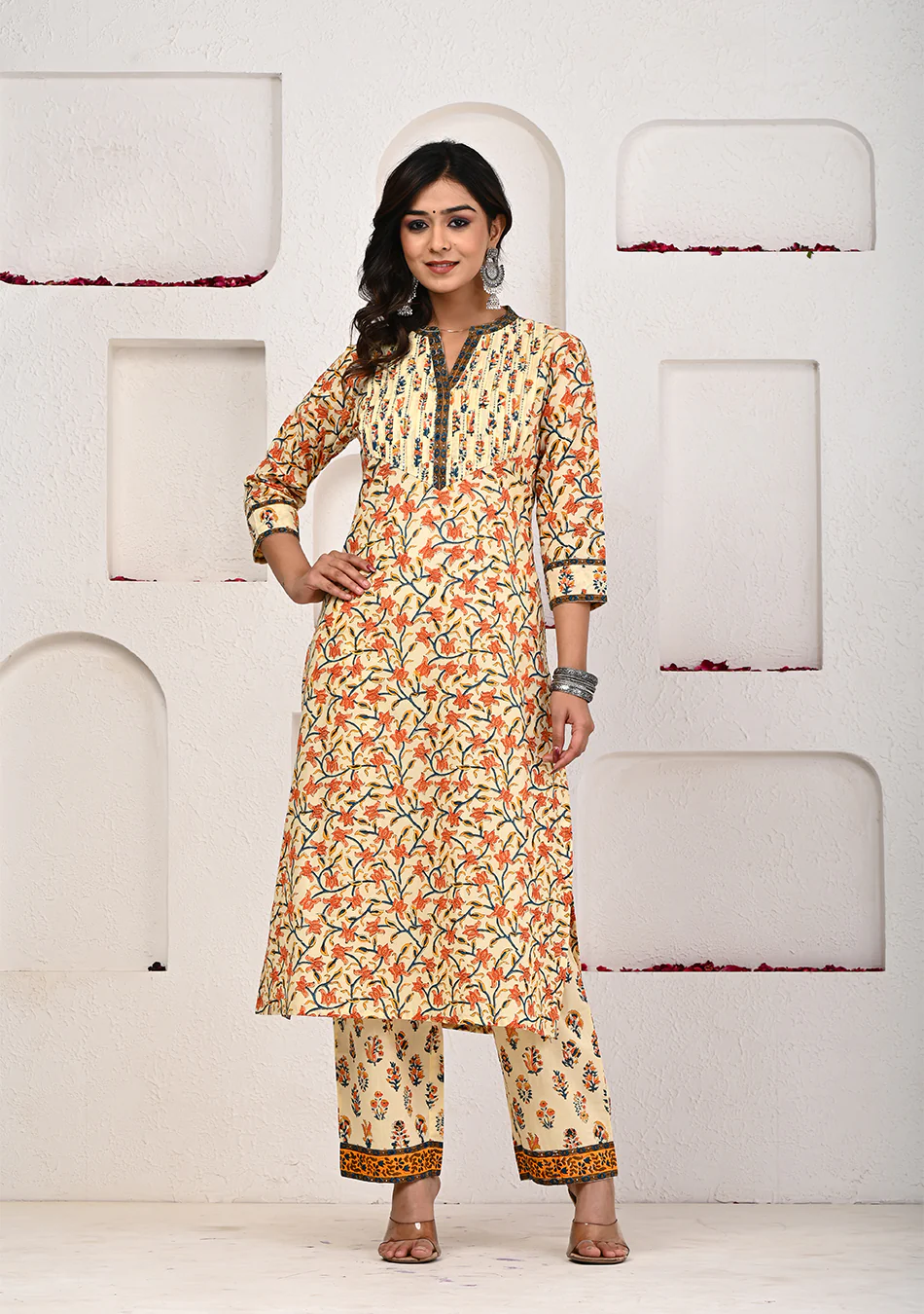 Sunlit Blossom Hand Block Print Suit Set with Chanderi Dupatta - Image 2